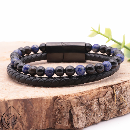 BRACELET ASKA - Lapis Lazuli & Onyx on Leather
