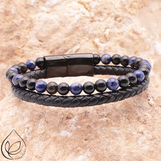 BRACELET ASKA - Lapis Lazuli & Onyx on Leather