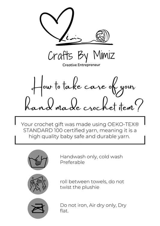 Care instructions for handmade crochet items by Crafts By Mimiz on a white background.